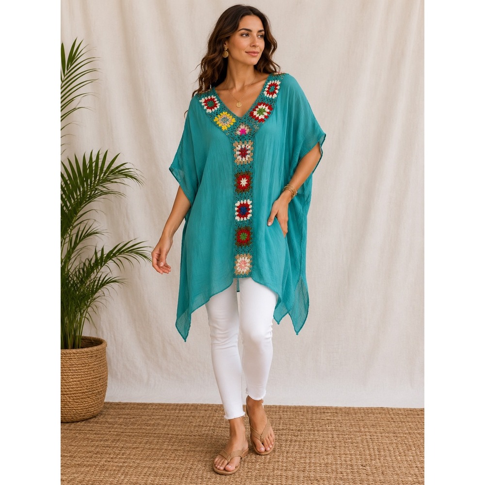 Umgee USA Teal Blue Crochet Granny Square Kaftan Tunic Top K6499 Womens Large